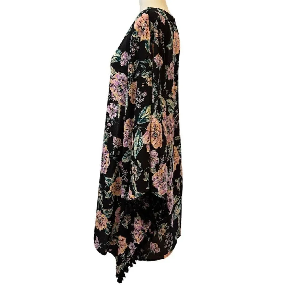Freshwater Black Floral Kimono Duster Tassel Cover Up Size 2X Boho - Picture 7 of 10